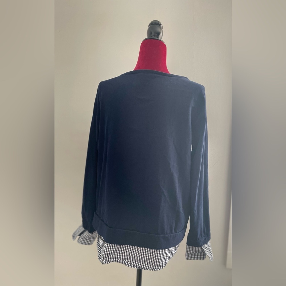 Navy Blue Women's Top with Checkered Cuffs - Picture 3 of 10